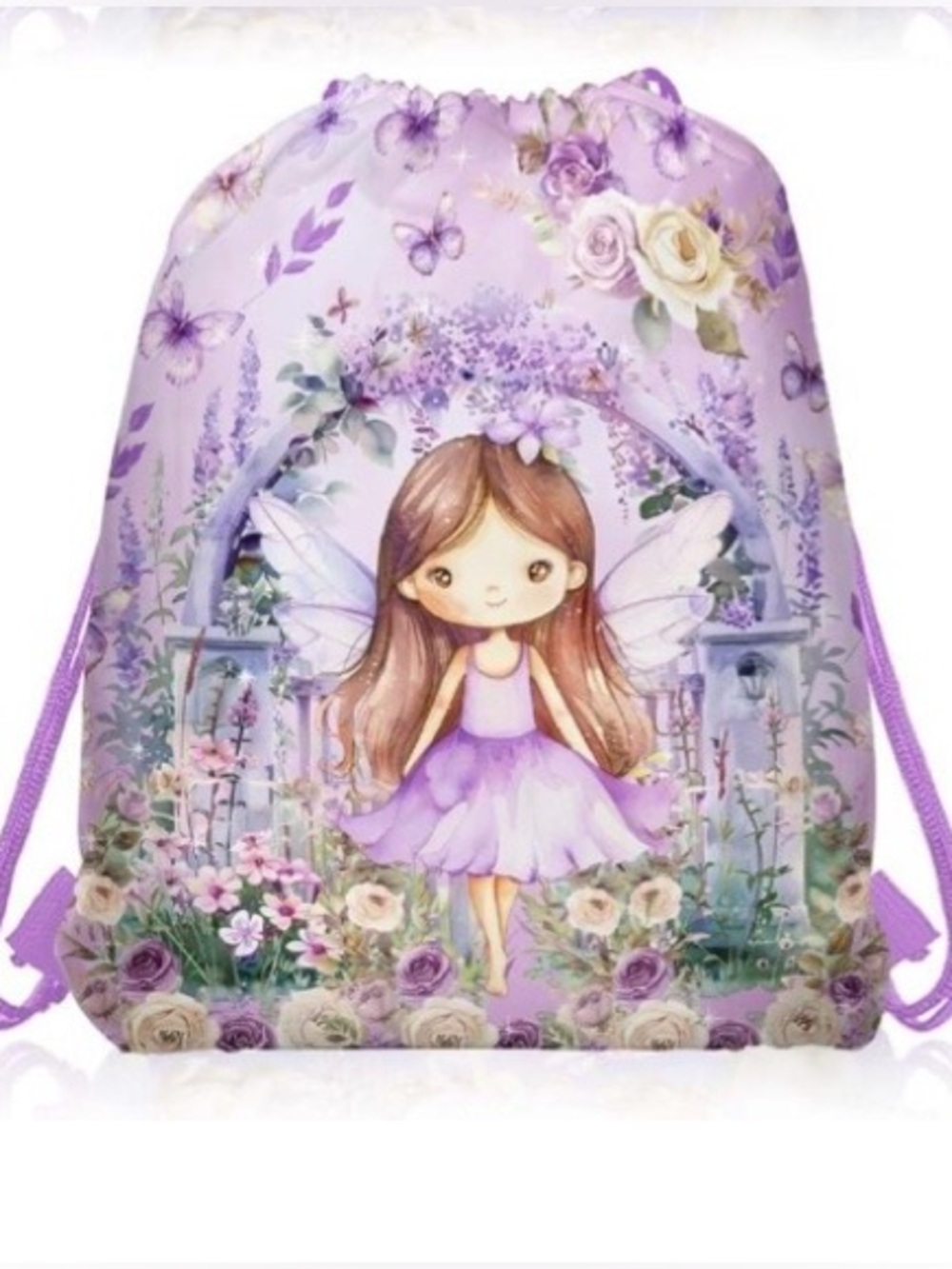 Purple Fairy Drawstring Backpack with Fairy Print, NWOT